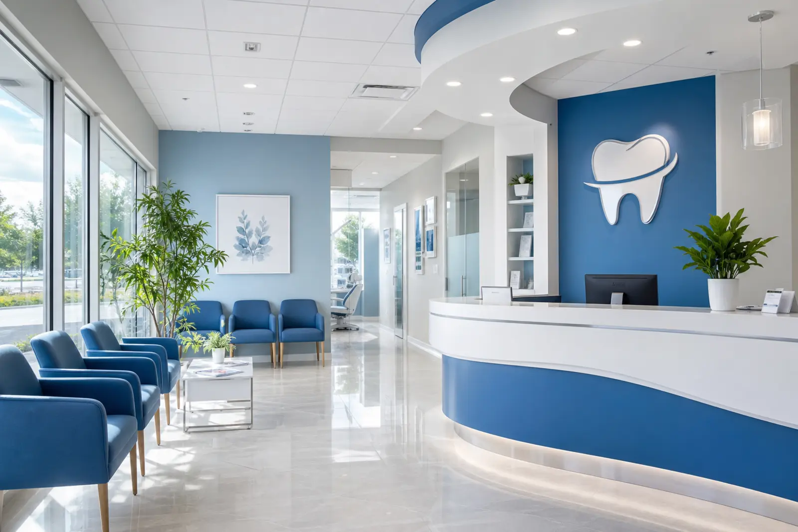 Recepción y sala de espera de una clínica dental