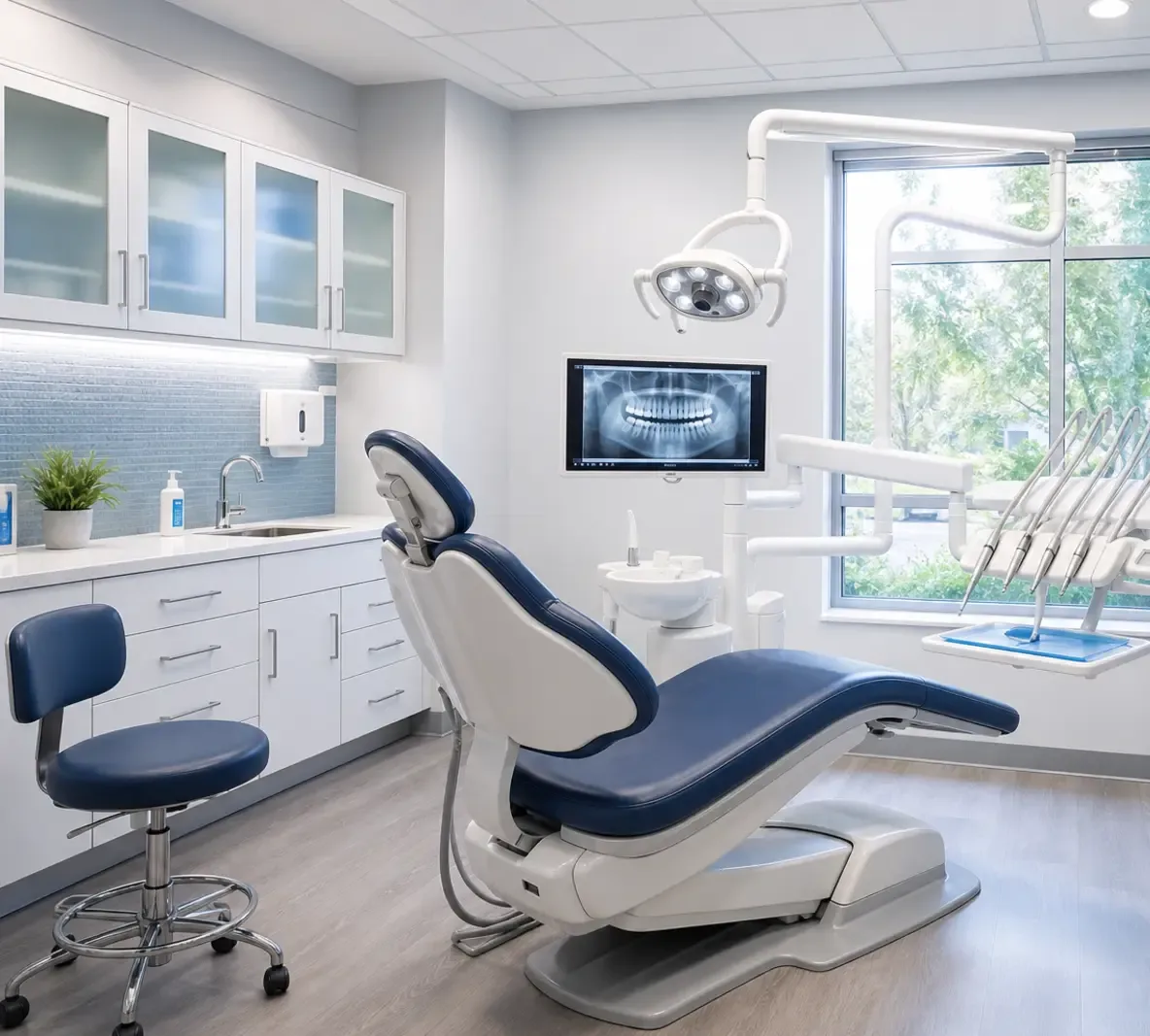 Sala de atención odontológica con sillón dental y equipo de rayos X